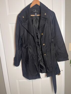 London Fog Black Trench Coat Belted Rain Coat Buttons Women's Medium